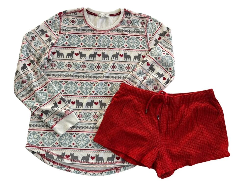 PJ Salvage Womens Small Pajama Set Fair Isle Top Red Waffle Shorts LOT #NE255